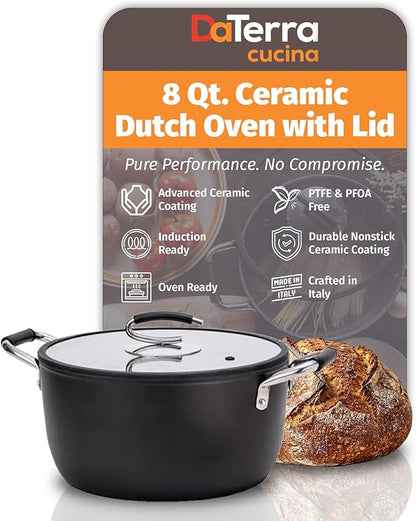 DaTerra Cucina – 8 Qt Nonstick Ceramic Dutch Oven with Lid – Large Oven Safe Stock Pot, Induction Compatible, Lightweight, Lead & PFOA Free, Volcanic Black, Durable Nonstick Cookware – Made in Italy by DaTerraCucina