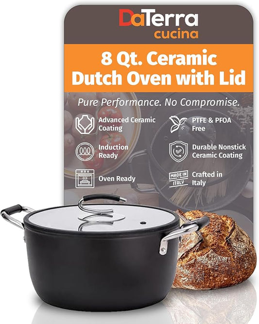 DaTerra Cucina – 8 Qt Nonstick Ceramic Dutch Oven with Lid – Large Oven Safe Stock Pot, Induction Compatible, Lightweight, Lead & PFOA Free, Volcanic Black, Durable Nonstick Cookware – Made in Italy by DaTerraCucina
