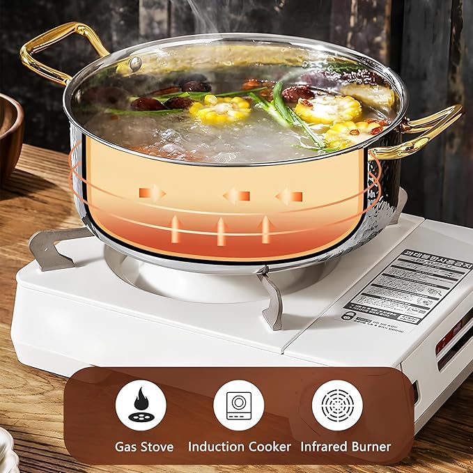 YJX 6.7QT Hammered Stock Pot with Lid, Copper Rose Gold, Tri-Ply Stainless Steel, Multi-Functional Cookware for Bake Roast Braise Saute, Magnetic Base, Dishwasher and Oven Safe (30CM)