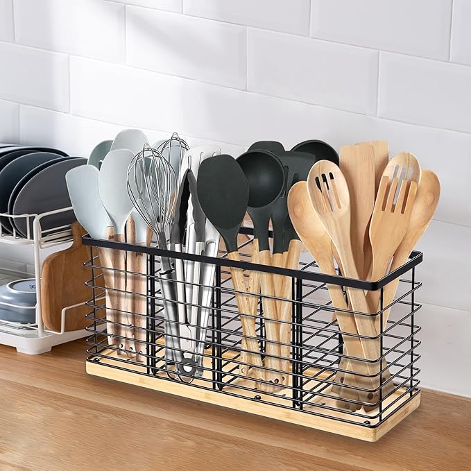 Suli Extra Large Kitchen Utensil Holder Countertop with 4 Compartments,Matte Black Metal holder with Wooden Base for Countertop,Farmhouse Utensil Organizer for counter,Rustic Cooking Utensil Organizer - Image 7