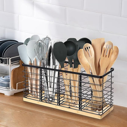 Suli Extra Large Kitchen Utensil Holder Countertop with 4 Compartments,Matte Black Metal holder with Wooden Base for Countertop,Farmhouse Utensil Organizer for counter,Rustic Cooking Utensil Organizer - Image 7
