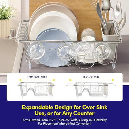 Dish Drying Rack Over The Sink Expandable to 24.5" Dish Drainer — Space-Saving Rectangular Kitchen Extending Drying Station with Utensil Holder, Fits Most Sinks for Easy Dish Organization, Silver - Image 2