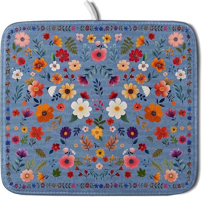 Lovely Flowers Dish Drying Mat - Blue Floral Kitchen Counter Microfiber Drying Pad 16 X 18 for Home Decor by Giwawa