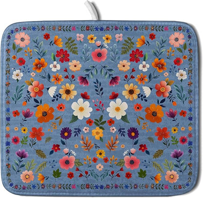 Lovely Flowers Dish Drying Mat - Blue Floral Kitchen Counter Microfiber Drying Pad 16 X 18 for Home Decor by Giwawa