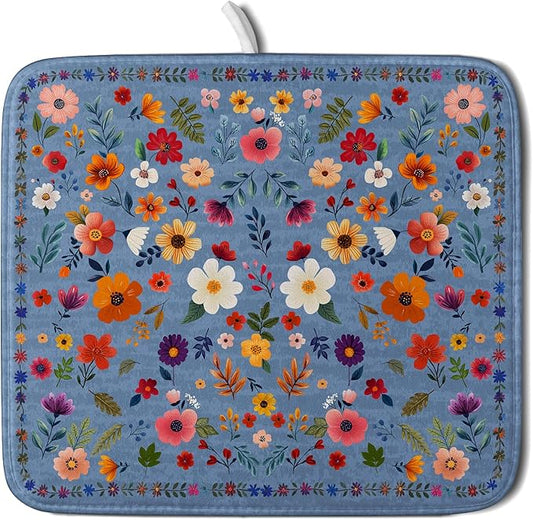 Lovely Flowers Dish Drying Mat - Blue Floral Kitchen Counter Microfiber Drying Pad 16 X 18 for Home Decor by Giwawa