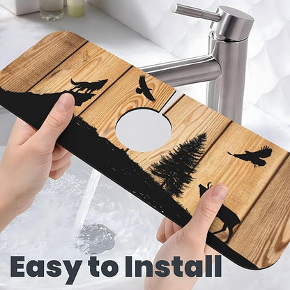 Retro Rustic Wolf Deer Forest Brown Wood Dish Drying Mat for Kitchen Counter, 16"x18" Microfiber Absorbent Fast Dry Mat, 2Pcs Dish Mat Faucet Mats Sets, Large Drying Kitchen Mat Kitchen Drying Pad
