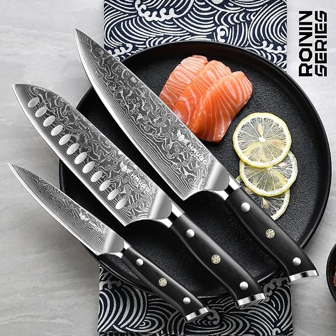 Damascus Knife Set - Haugo 3 PCS Professional Chef Knife Set with Japanese VG10 Steel Core - Ultra Sharp Kitchen Knives and Full Tang G10 Handle - Ronin Series - Gift Box