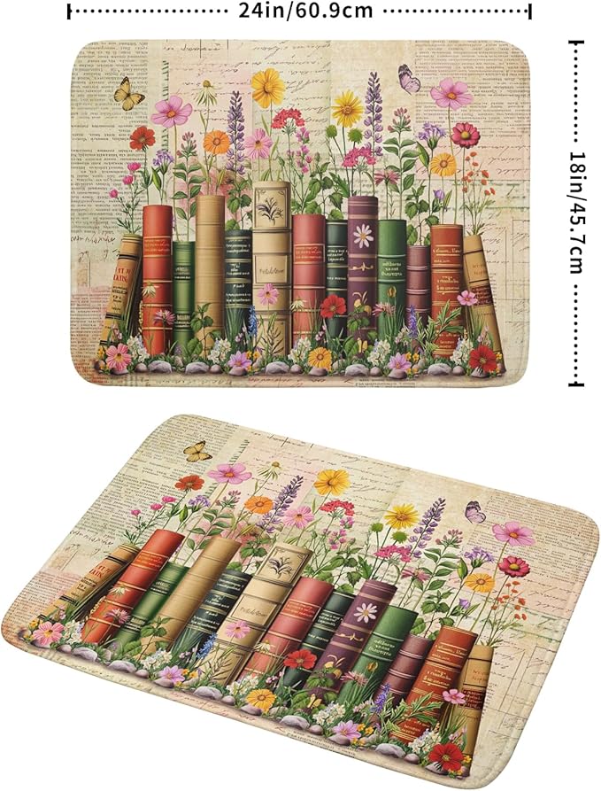 Vintage Books Dish Drying Mat - Retro Flower Kitchen Countertop Cloth Pad 18 x 24 In - Image 2