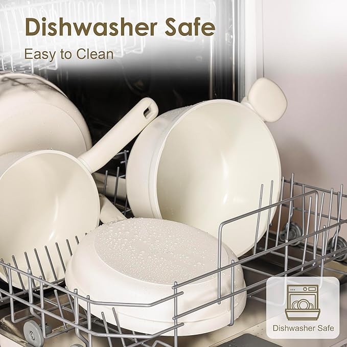 SENSARTE Ceramic Nonstick Pots and Pans Set 17pcs, Healthy Induction Cookware Set, Nontoxic Kitchen Cooking Set with Skillets & Saucepans, Stay-cool Handles, PFAS PTFE PFOA PFOS Free, Cream White