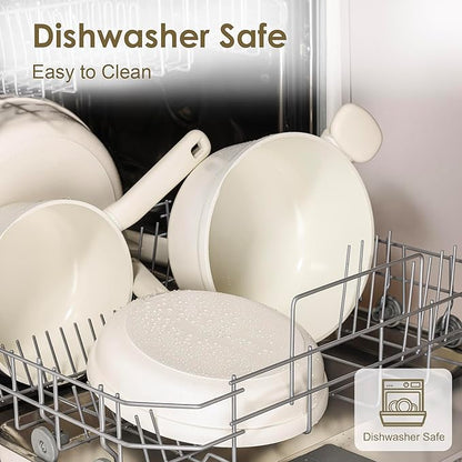 SENSARTE Ceramic Nonstick Pots and Pans Set 17pcs, Healthy Induction Cookware Set, Nontoxic Kitchen Cooking Set with Skillets & Saucepans, Stay-cool Handles, PFAS PTFE PFOA PFOS Free, Cream White
