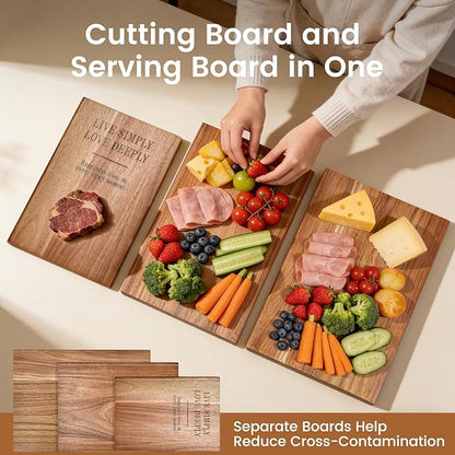 Book cutting board Set of 3, Acacia Wood Chopping Board with Stand, Charcuterie Kitchen Boards with Book‑Style Design for Cheese, Meat and Vegetables
