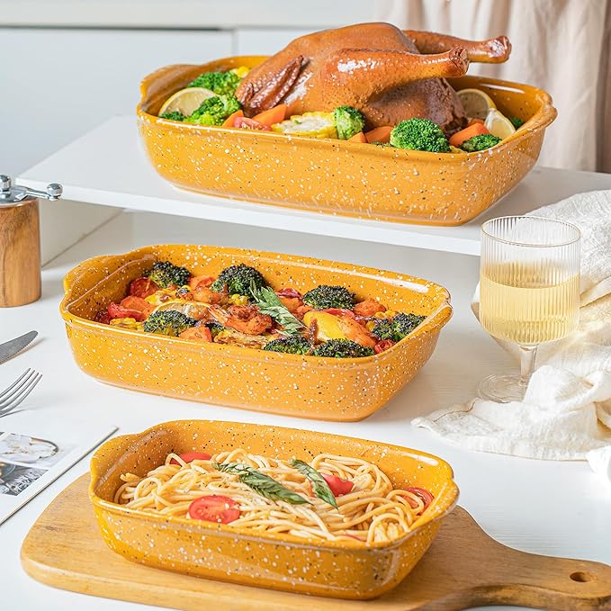 Ceramic Baking Dish Set of 3, Casserole for Oven,Rectangular Bakeware Dishes with Handles,Lasagna Pan Deep,Handcraft Speckle Stoneware Series (13.8''/12''/9.6''Orange) - Image 3