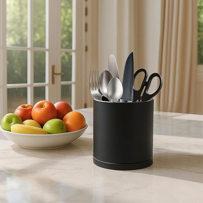 D'vine Dev 360° Rotating Utensil Holder – 5" Kitchen Utensil Crock for Countertop, Modern Cooking Tool Organizer for Kitchen Storage & Décor, Black, 72-X-B-1