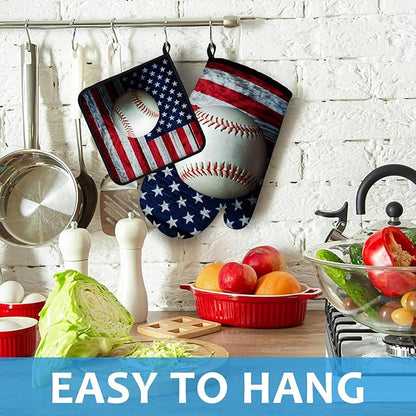 American Flag Baseball Oven Mitts and Pot Holders Sets Heat Resistant 4Pcs Potholders Oven Gloves Hot Pads for Kitchen Baking Cooking Grilling BBQ