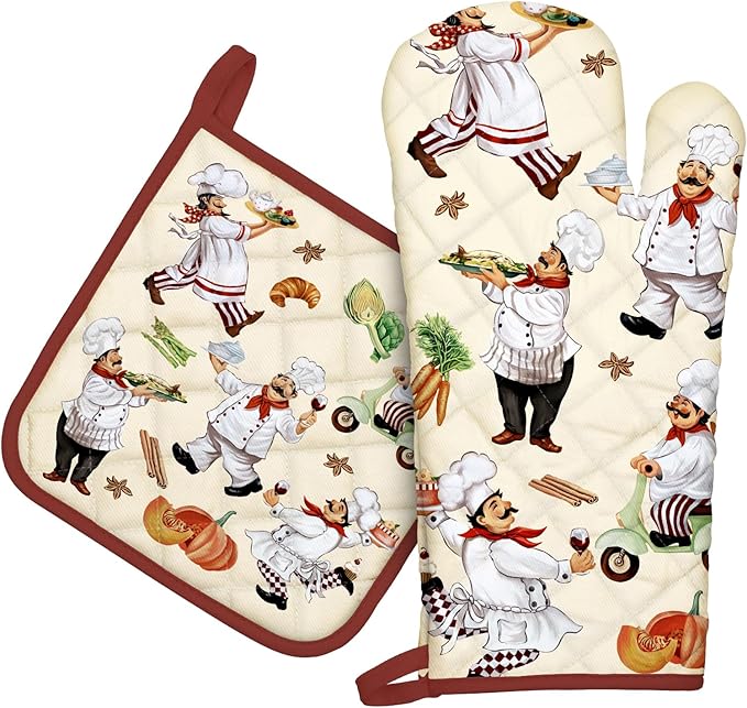 Chef Oven Mitts and Pot Holders Sets 2Pcs, 100% Cotton Heat Resistant, Extra Long Oven Gloves Potholder for Kitchen Cooking Baking Decoration, Housewarming Gifts for Mom by Arquiel