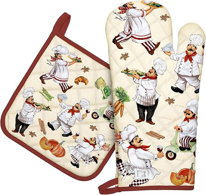 Chef Oven Mitts and Pot Holders Sets 2Pcs, 100% Cotton Heat Resistant, Extra Long Oven Gloves Potholder for Kitchen Cooking Baking Decoration, Housewarming Gifts for Mom by Arquiel