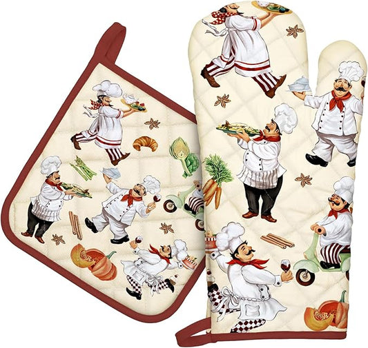 Chef Oven Mitts and Pot Holders Sets 2Pcs, 100% Cotton Heat Resistant, Extra Long Oven Gloves Potholder for Kitchen Cooking Baking Decoration, Housewarming Gifts for Mom by Arquiel