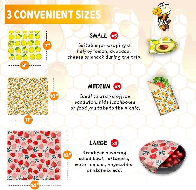 Reusable Beeswax Wrap - 9 Pack Eco-Friendly Beeswax Wraps For Food, Organic, Sustainable, Biodegradable, Zero Waste, Plastic-Free Food Storage, 1L Strawberry, 3M Orange, 5S Lemon Patterns - Image 3