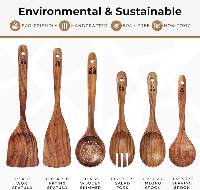 Wooden Spoons for Cooking – Wooden Kitchen Utensils Set, 6 Pcs Teak Wood Utensil Set – Comfortable Grip Non–Stick Wooden Cooking Utensils - Image 4