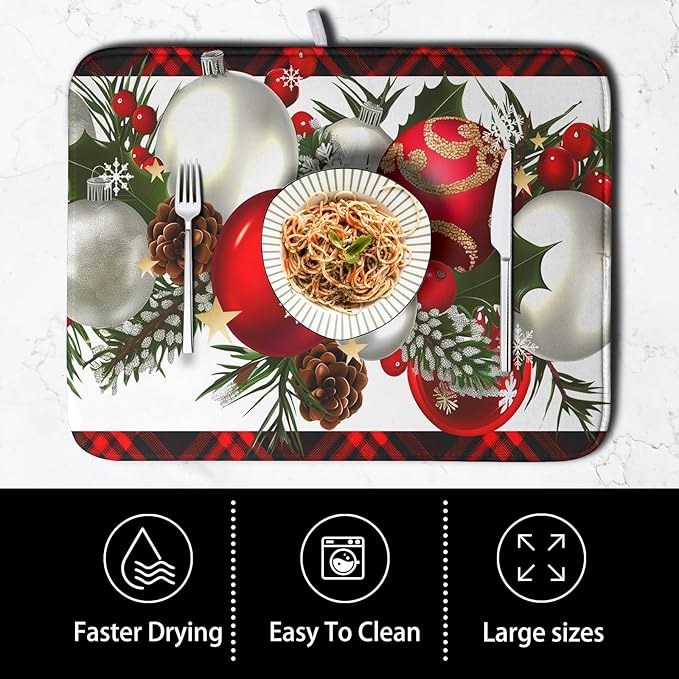 Red Buffalo Plaid Christmas Kitchen Drying Mats for Dishes Xmas Ball Snowflake Pine Cones Dish Drainer Rack Mat Winter Microfibe Absorbent Dish Drying Pad for Home Kitchen Counter Decor 18x24in - Image 4