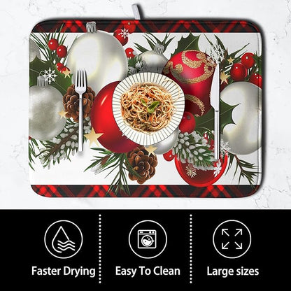 Red Buffalo Plaid Christmas Kitchen Drying Mats for Dishes Xmas Ball Snowflake Pine Cones Dish Drainer Rack Mat Winter Microfibe Absorbent Dish Drying Pad for Home Kitchen Counter Decor 18x24in - Image 4