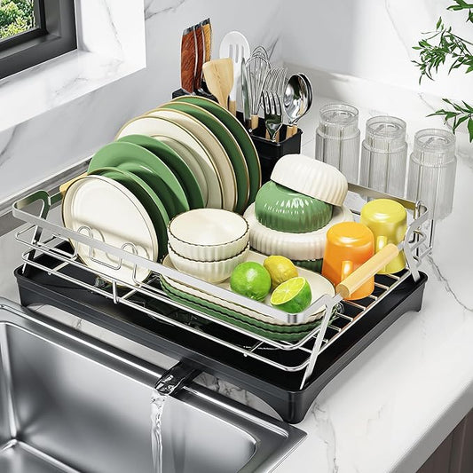 Epicano Dish Drying Rack for Kitchen Counter,Space-Saving Dish Rack,Rustproof Dish Drainer with Utensil Holder and Knife Slots for Sink,Kitchen Drying Rack with Wooden Handle and Cup Holder, Silver by Epicano