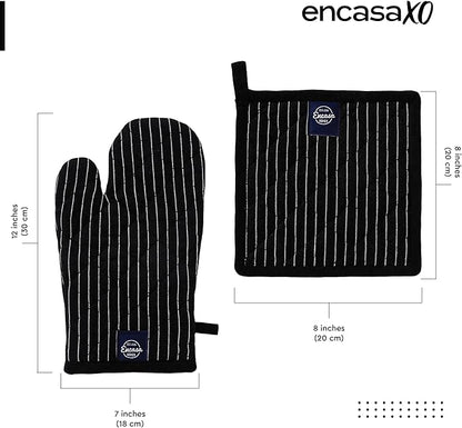 Encasa XO Heat Resistant 100% Cotton Oven Glove & Potholder Set with Loop, Kitchen Cooking Mittens, Microwave Safe Hot Pads (Butcher Stripes Black)