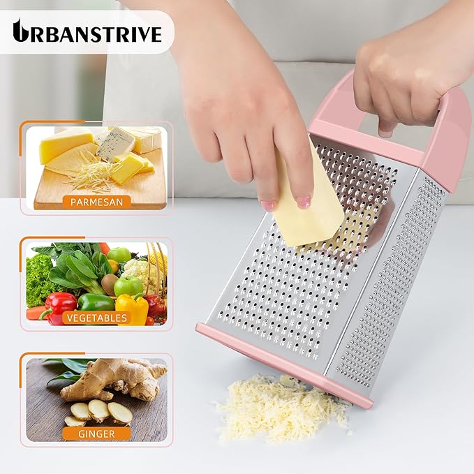 Urbanstrive Cheese Grater With Container, Professional Cheese Grater with Handle, Stainless Steel Graters for Kitchen Handheld, Box Grater with 4 Sides for Vegetables, Ginger, Potatoes (Pink) - Image 4