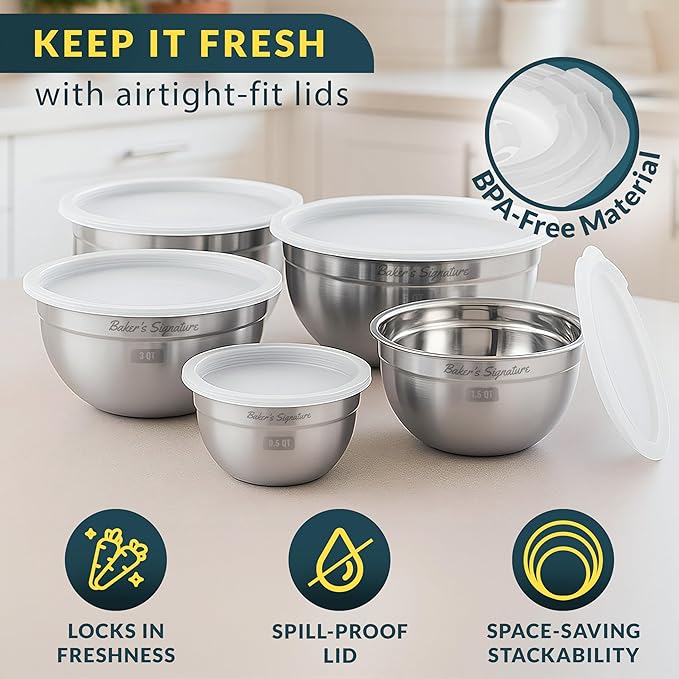 Baker's Signature Stainless Steel Mixing Bowls With Lid, Metal Mixing Bowl Set Of 5, Nesting Set For Food Prep, Baking,Storage, Cooking, Serving | Dishwasher Safe, 0.5/1.5/3/4/5 Qt - Image 4