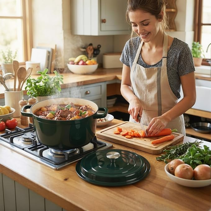 Miereirl 6.5 Quart Enameled Dutch Oven Pot with Lid, Cast Iron Dutch Oven with Dual Handles for Bread Baking, Cooking, Non-stick Enamel Coated Cookware (Green) - Image 2