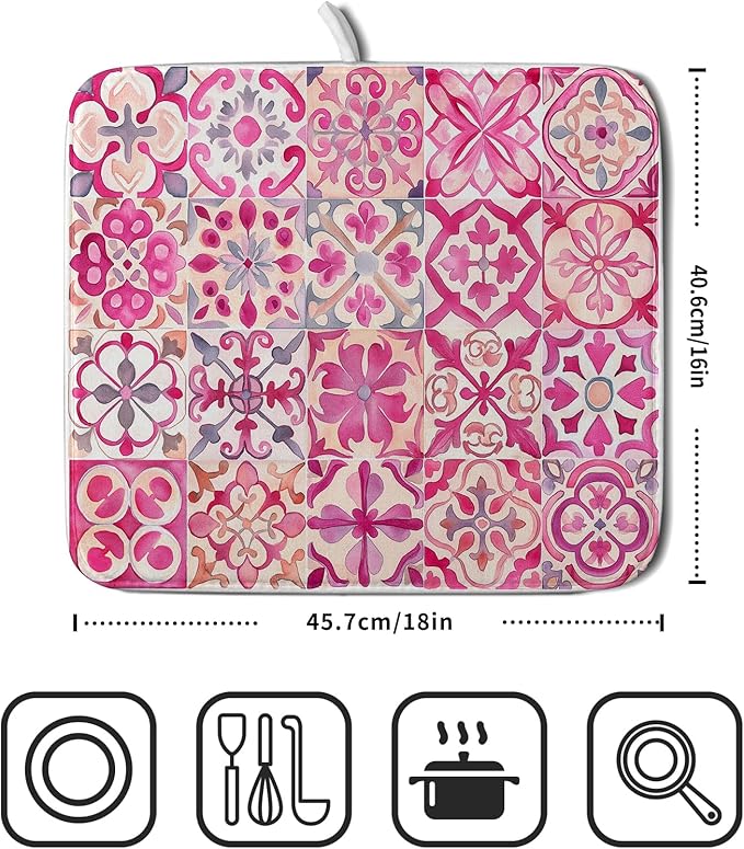 Pink Mexican Tiles Dish Drying Mat Absorbent Microfiber Dish Drying Pad for Kitchen Multi-use Large - Image 2