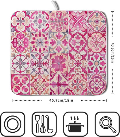 Pink Mexican Tiles Dish Drying Mat Absorbent Microfiber Dish Drying Pad for Kitchen Multi-use Large - Image 2