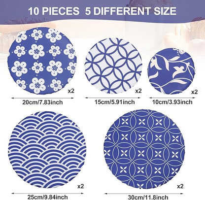 10Pcs Reusable Bowl Covers In 5 Size, Stretch Cloth Fabric Dish Cover Kitchen Storage Containers Lids for Fruits Food Leftover Dough Bread Proofing (Elegant style)