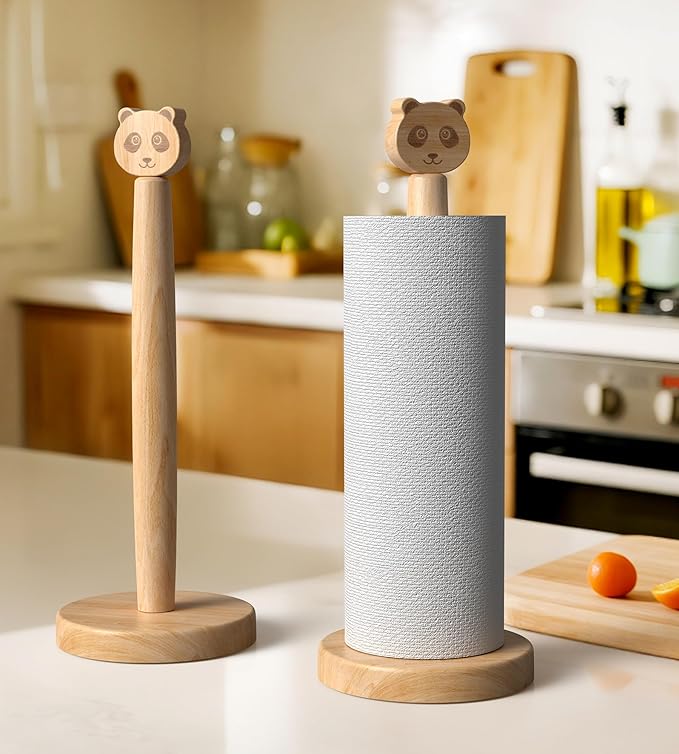 KitchLife Cute Wooden Paper Towel Holder Countertop - Solid Freestanding Paper Towel Dispenser Stand Organizer with Anti-Skid Base (Panda) - Image 6