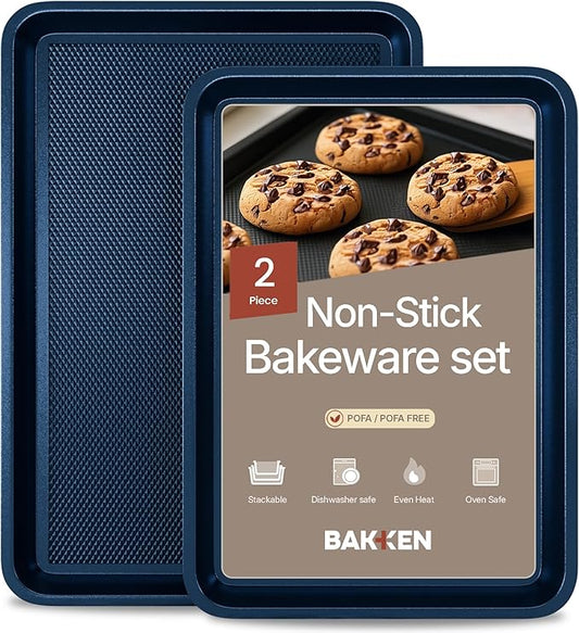Diamond Bottom Cookie Sheet Set of 2, Nonstick Blue Carbon Steel Baking Pans for Crisp Baking, Space-Saving Stackable Trays, PFOA, PFOS, PTFE Free, Oven Safe Up to 450°F, Small & Medium Pans by Unknown