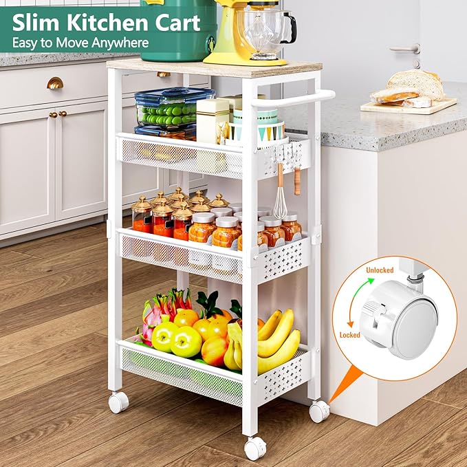 Vivihomety Utility Slim Storage Cart with Wheels, 4 Tier Small Rolling Cart with Wood Top, Metal Kitchen Bathroom Laundry Room Organization Trolley with Handle for Narrow Space - White - Image 2