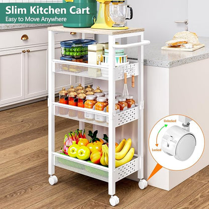Vivihomety Utility Slim Storage Cart with Wheels, 4 Tier Small Rolling Cart with Wood Top, Metal Kitchen Bathroom Laundry Room Organization Trolley with Handle for Narrow Space - White - Image 2