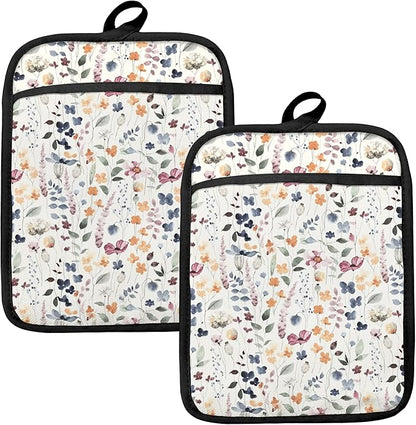 Vintage Floral Oven Mitts Set, Colorful Wildflowers Floral Heat Resistant Kitchen Oven Gloves for Baking and Cooking,Pot Holders by HUGANE