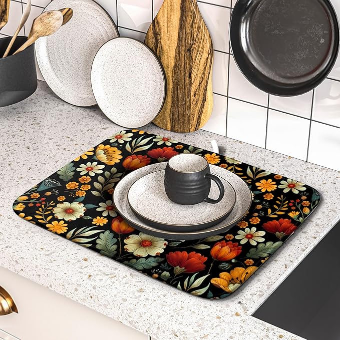 Vintage Boho Floral Dish Drying Mat for Kitchen Counter,Yellow Beige Black Spring Flower Drying Mat 16 x18 Inch with Absorbent Reversible Microfiber Drying Pad for Coffee Bar - Image 5