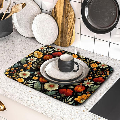 Vintage Boho Floral Dish Drying Mat for Kitchen Counter,Yellow Beige Black Spring Flower Drying Mat 16 x18 Inch with Absorbent Reversible Microfiber Drying Pad for Coffee Bar - Image 5