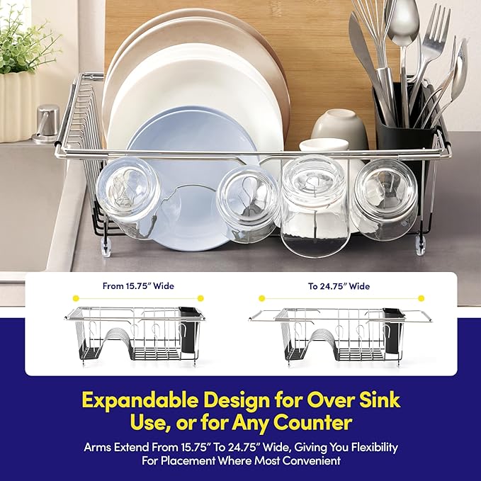 Dish Drying Rack Over The Sink Expandable to 24.5" Dish Drainer — Space-Saving Rectangular Kitchen Extending Drying Station with Utensil Holder, Fits Most Sinks for Easy Dish Organization, Black - Image 2