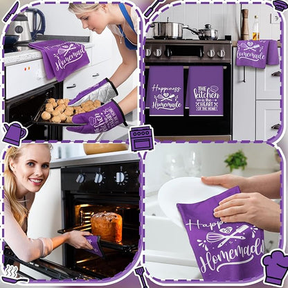 Sratte 6 Pcs Kitchen Decor Accessories Set Farmhouse Towels Pot Holders Oven Mitts Set 2 Dish Towels 2 Potholders 2 Cooking Mittens Oven Glove for Christmas Baking Cooking (Purple,Kitchen) - Image 5