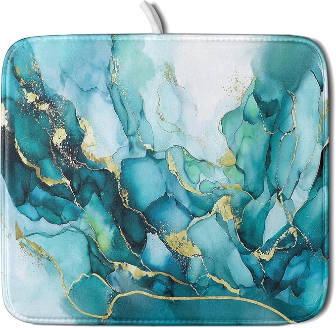 Giwawa Teal Marble Dish Drying Mat Turquoise Blue Marbling Print Dish Drainer Mats 16"x18" Modern Granite Microfiber Reversible Dish Drying Rack Pad Protector for Kitchen Countertop Decor