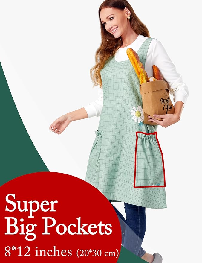 Cozy Adjustable Cross Back Aprons for Women with Pockets Cotton Linen Cooking Kitchen Baking