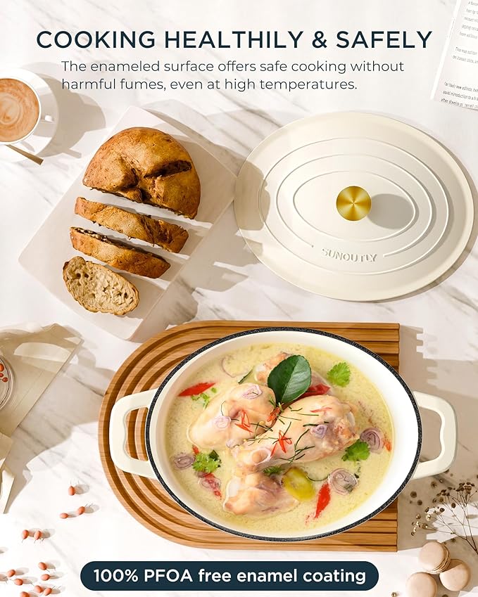 Enameled Cast Iron Dutch Oven - 9.3QT Dutch Oven Pot with Lid & Cotton Potholders - Heavy-Duty Non Stick Casserole Pot for Braising, Stews, Roasting, Baking, Suitable for All Stovetops, Cream White - Image 3