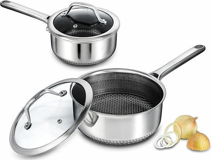 Hybrid Nonstick Saucepan Set of 2 with Lids 1.5 QT and 3 QT, Stainless Steel Honeycomb Pans with Side Pour Spouts,Compatible with All Cooktops,Dishwasher and Oven Safe