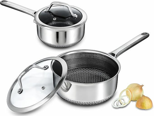 Hybrid Nonstick Saucepan Set of 2 with Lids 1.5 QT and 3 QT, Stainless Steel Honeycomb Pans with Side Pour Spouts,Compatible with All Cooktops,Dishwasher and Oven Safe