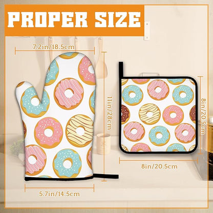 Pink Doughnut Oven Mitts and Pot Holders Set,Kitchen Oven Gloves and Pot Holder with Heat Resistant Non Slip for Cooking Baking Grilling(4 Piece Set)