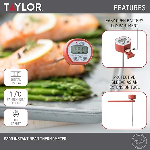 Taylor Instant Read Digital Meat Food Grill BBQ Cooking Kitchen Thermometer, Comes with Pocket Sleeve Clip, Red - Image 2