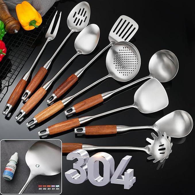 Stainless Steel Kitchen Utensils Set with Wooden Handle for Cooking 9 PCS with Solid and Slotted Spoon, Fork, Spatula, Ladle, Skimmer, Slotted Tunner, Spaghetti and Large Spoon - Image 7